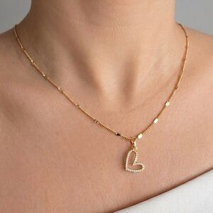 14K Gold Plated Asymmetric Heart Pendant Necklace w/ CZ Stones | Dainty Jewelry